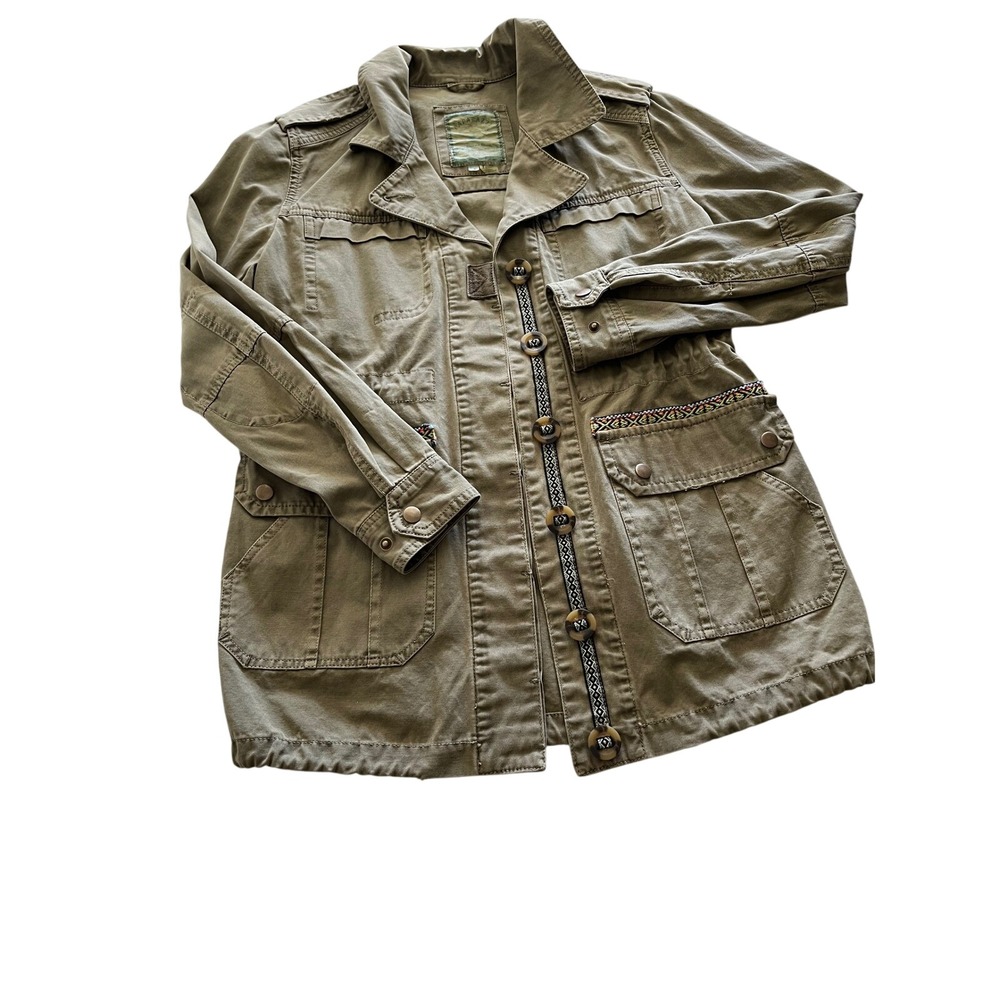 Paparazzi by BIZ Olive Green Utility Field Jacket Boho Embroidered Trim Small